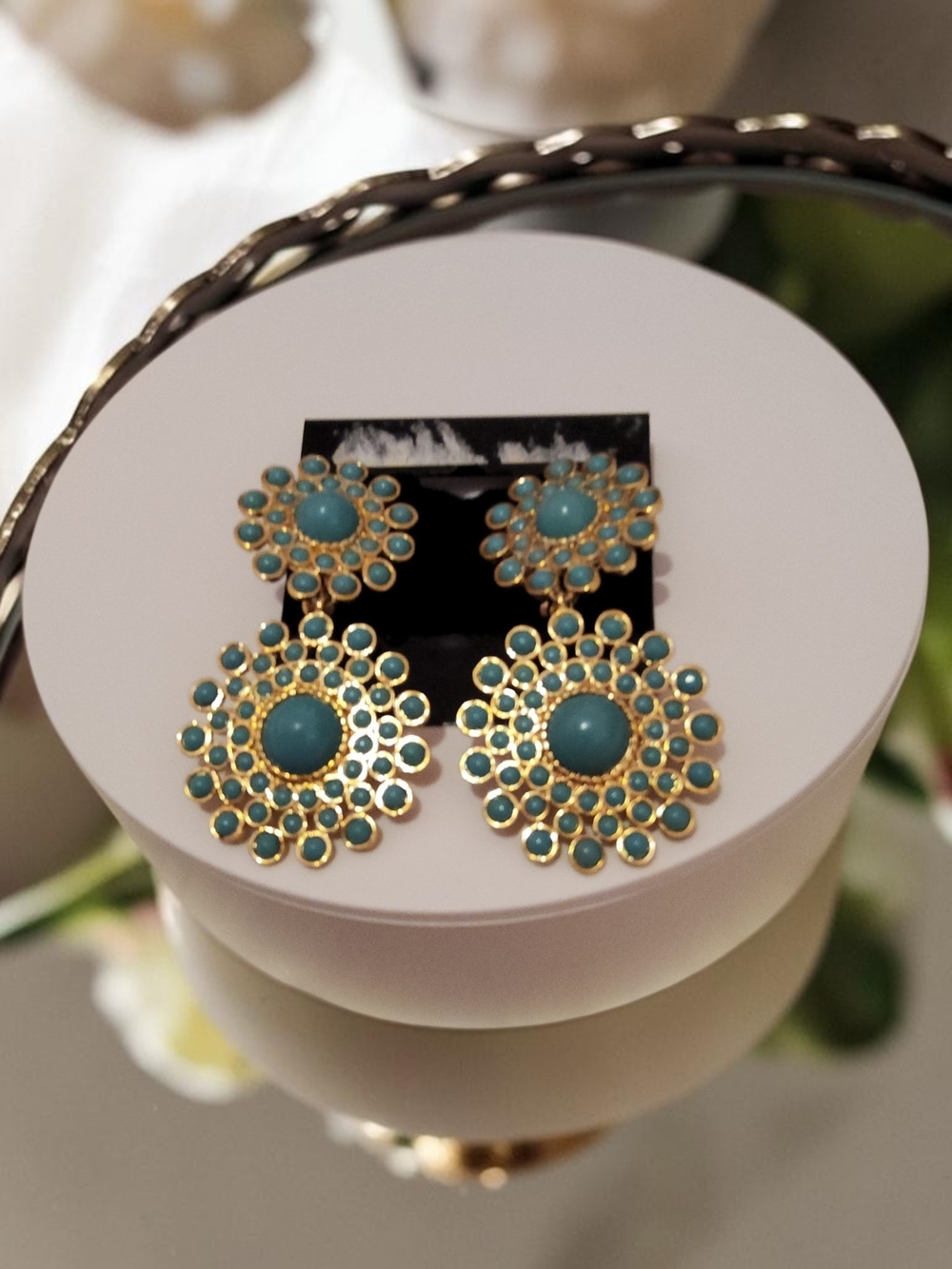 Gold-Tone Teal Floral Drop Earrings